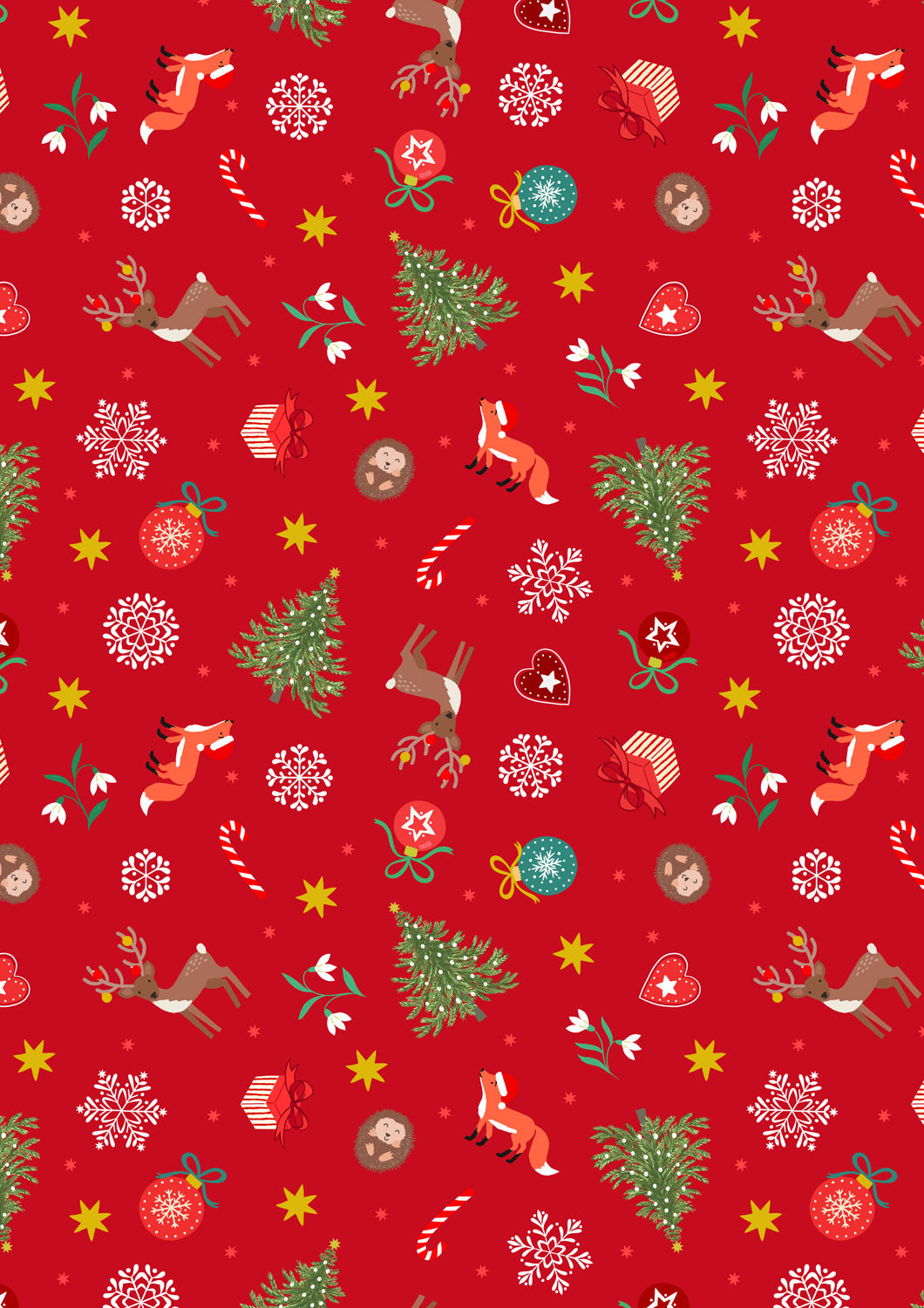 Scattered Festice on Red w/Gold Metallic Christmas in Bluebell Wood by Lewis and Irene