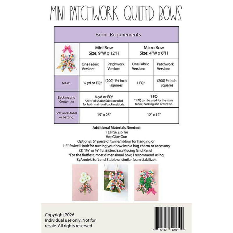 Mini Patchwork Quilted Bow Paper Pattern by Brooklyn Dawn Quilt Co.