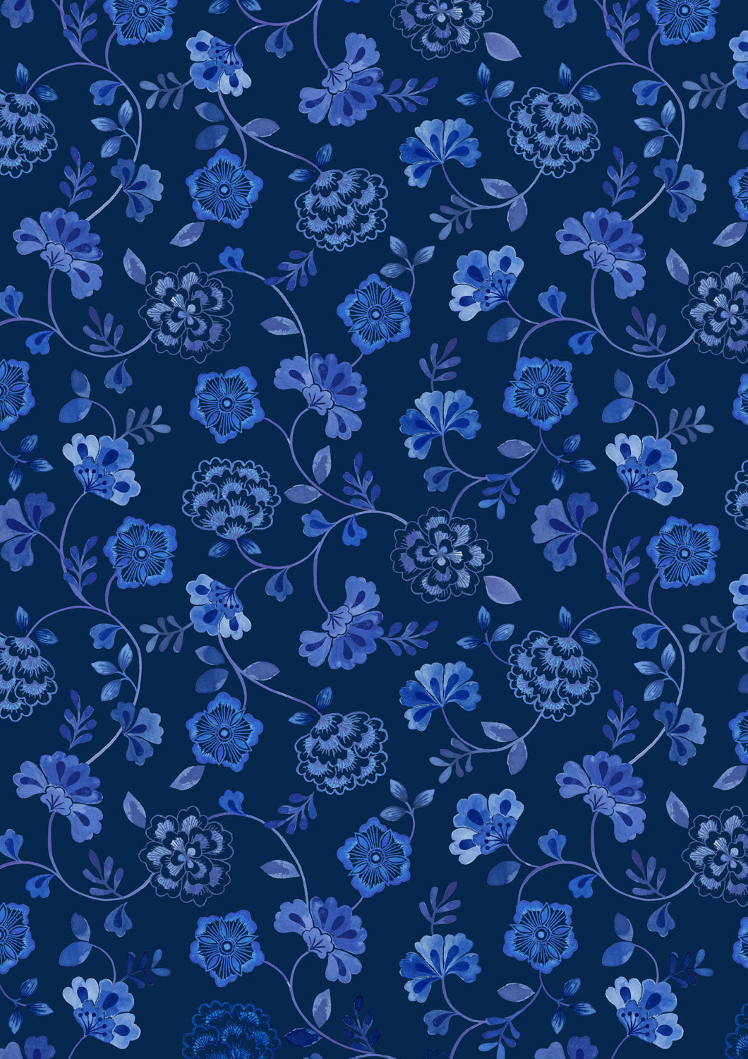 Inky Floral Trails on Dark Indigo, Porcelain & Sea Glass by Lewis and Irene